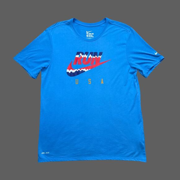 Nike Run Flag Men’s Blue Red Tee Size L 807956-435 EUC - Picture 1 of 8